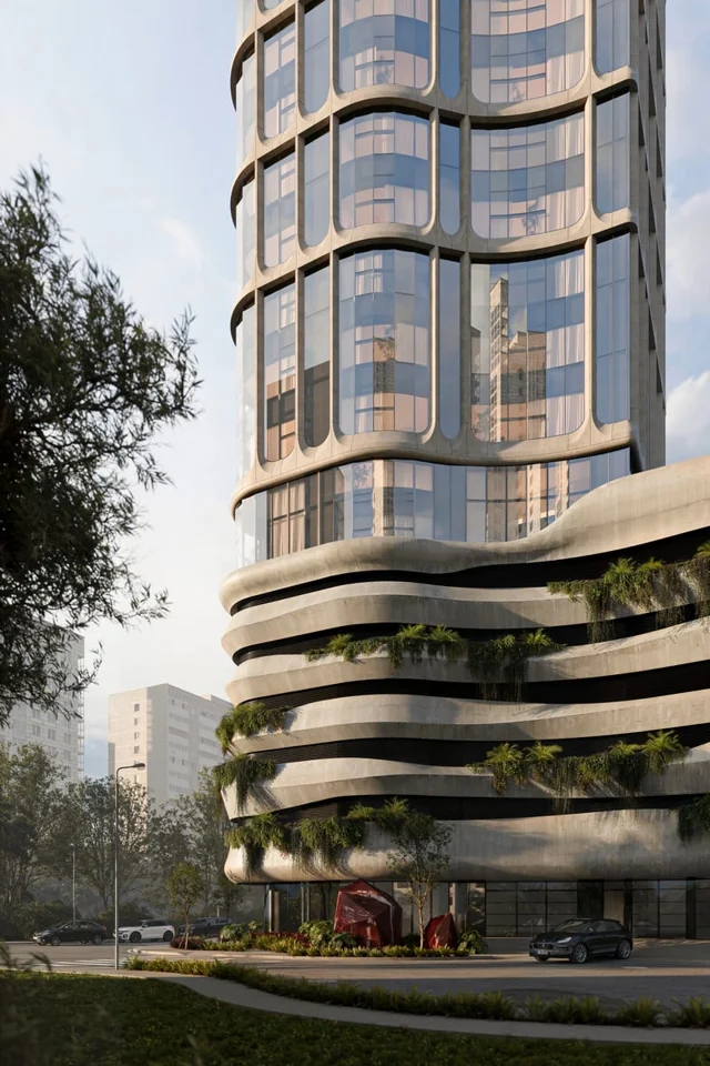Fachada residencial com varandas curvas, vidro e vegetação integrada