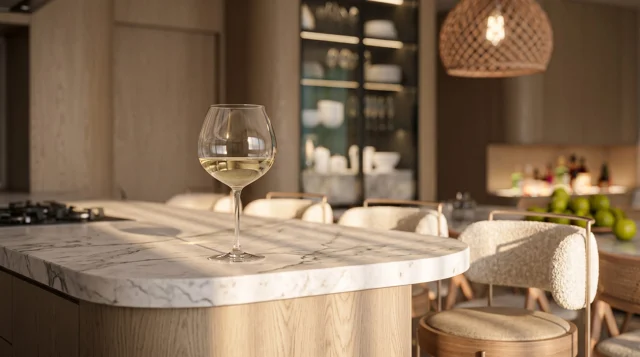 Ambiente de jantar com mesa de pedra, madeira e iluminação acolhedora