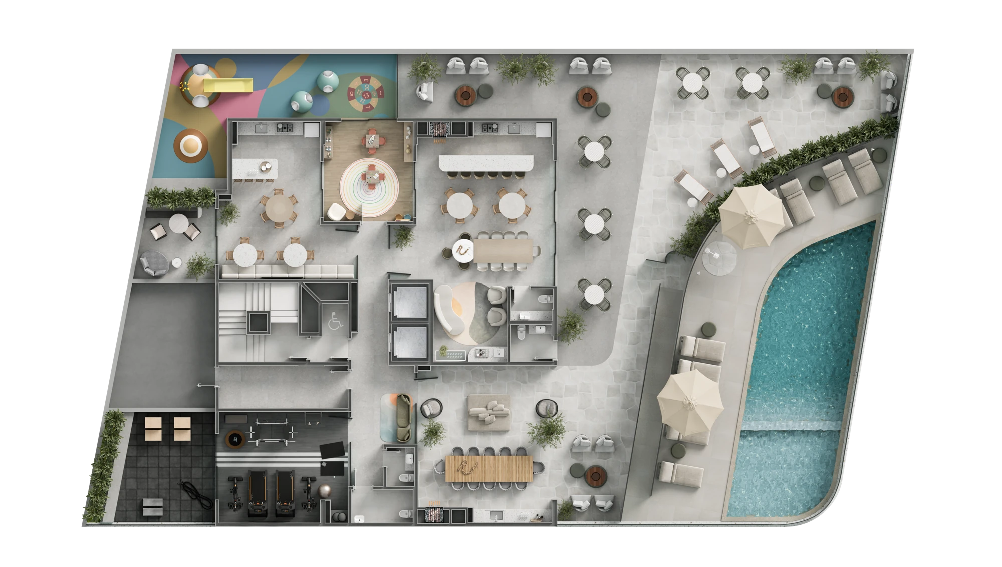 Planta baixa humanizada do lazer Brizza Copas, com piscina, academia, espaços gourmet e áreas de convivência mobiliadas
